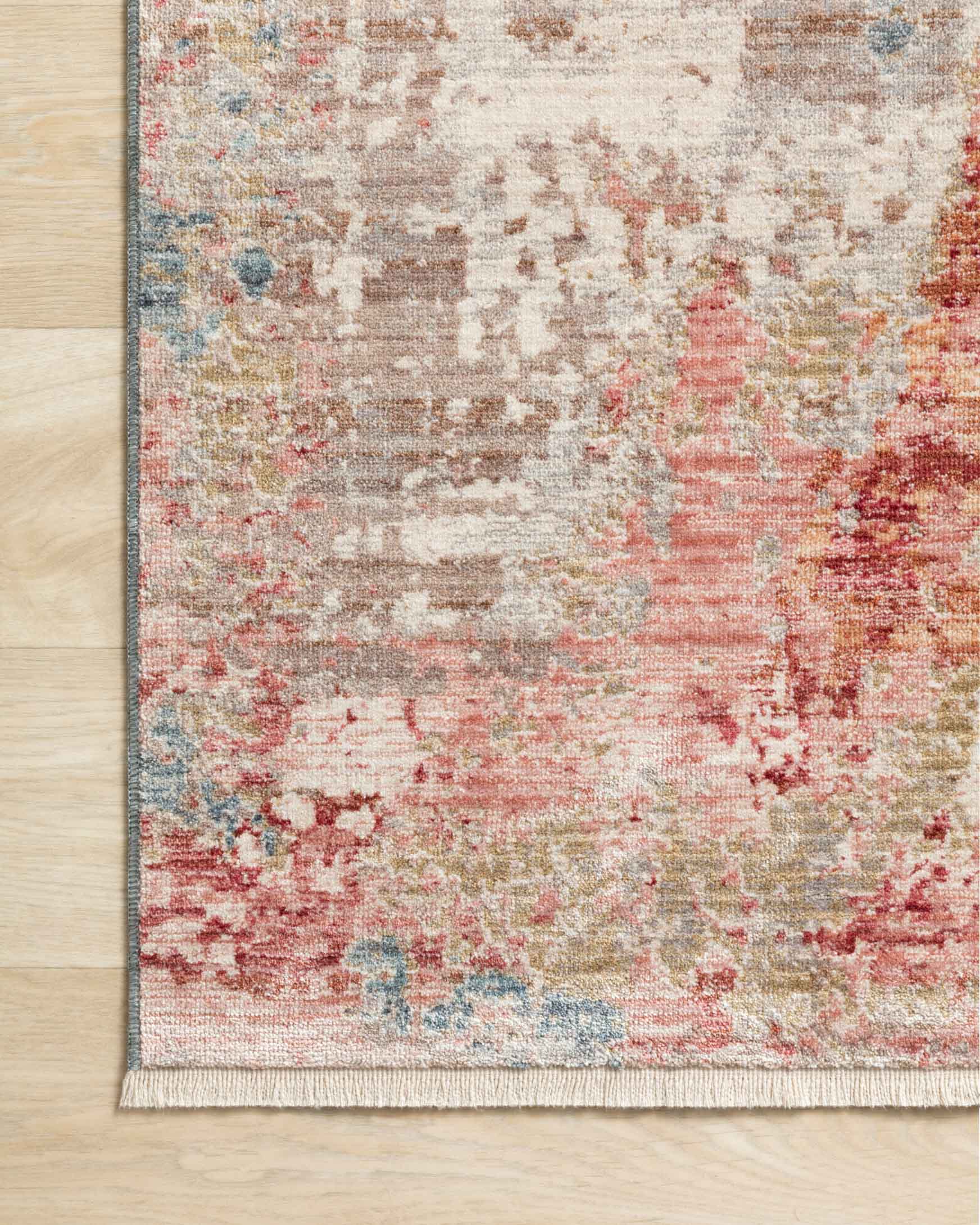 Traditional power-loomed rug border and low-pile weave with distressed abstract grey, blue, red