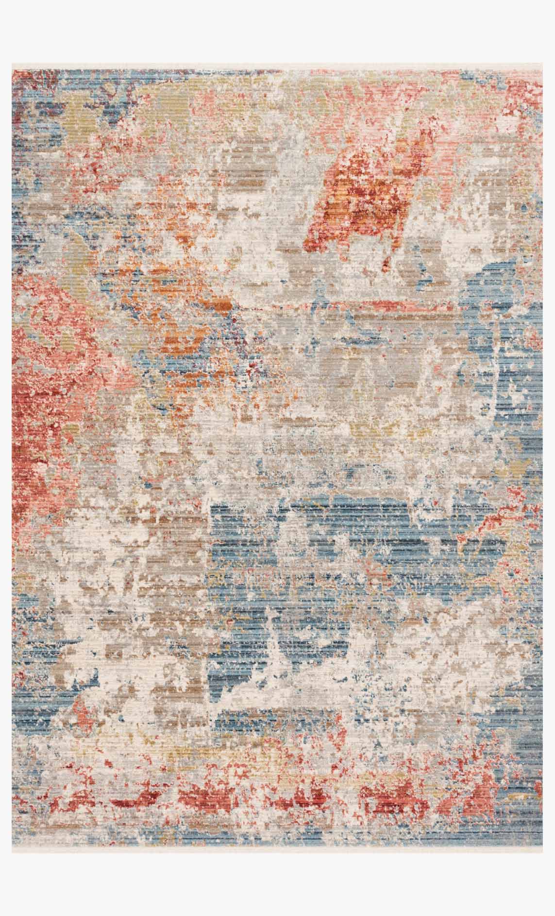 Traditional power-loomed rug with distressed abstract pattern in grey, blue, and rust