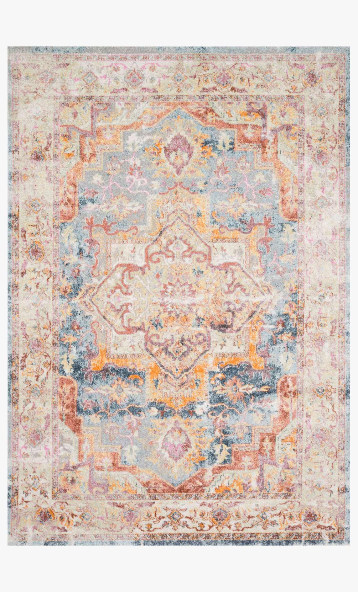 Transitional power-loomed rug with ivory, blue and rust geometric medallion pattern