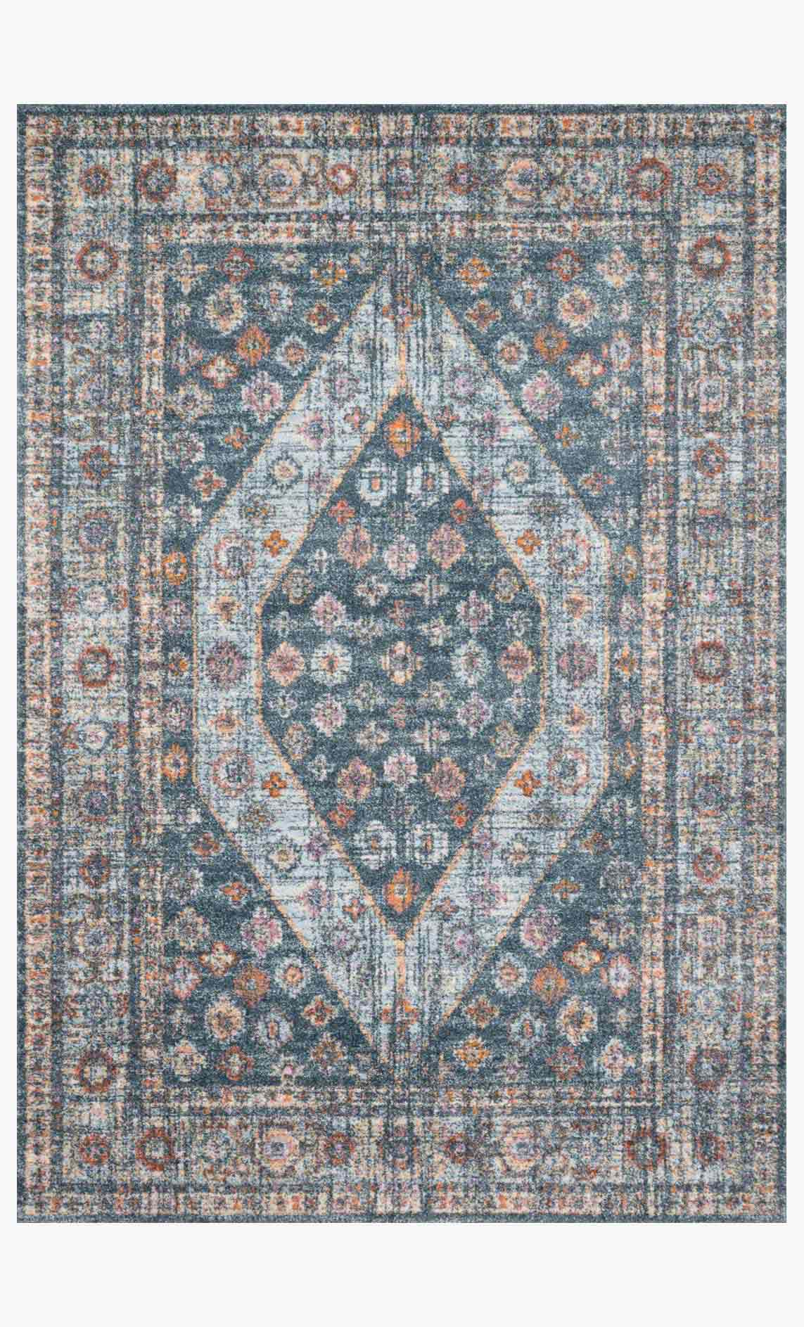 Blue and light blue power-loomed area rug with diamond medallion and geometric motifs