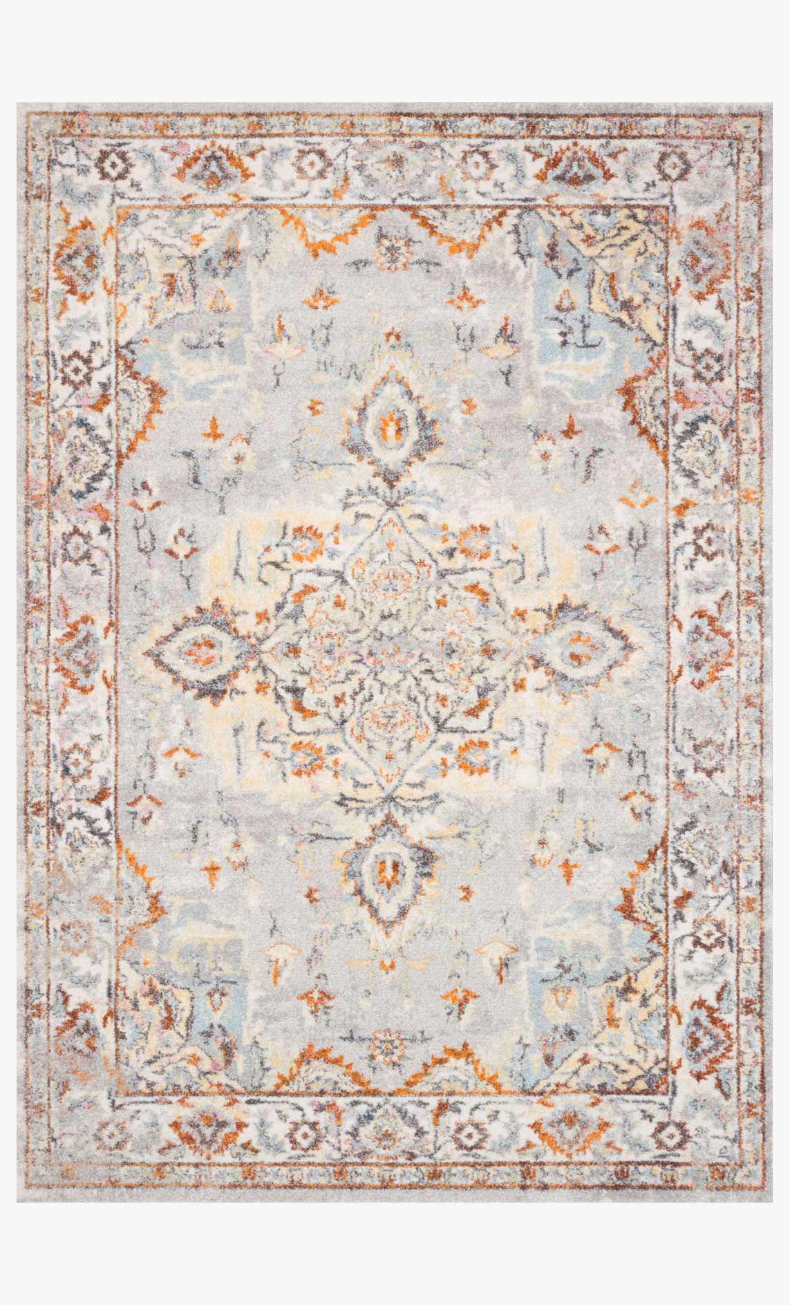 Grey and ivory transitional power-loomed rug with ornate medallion pattern and orange accents