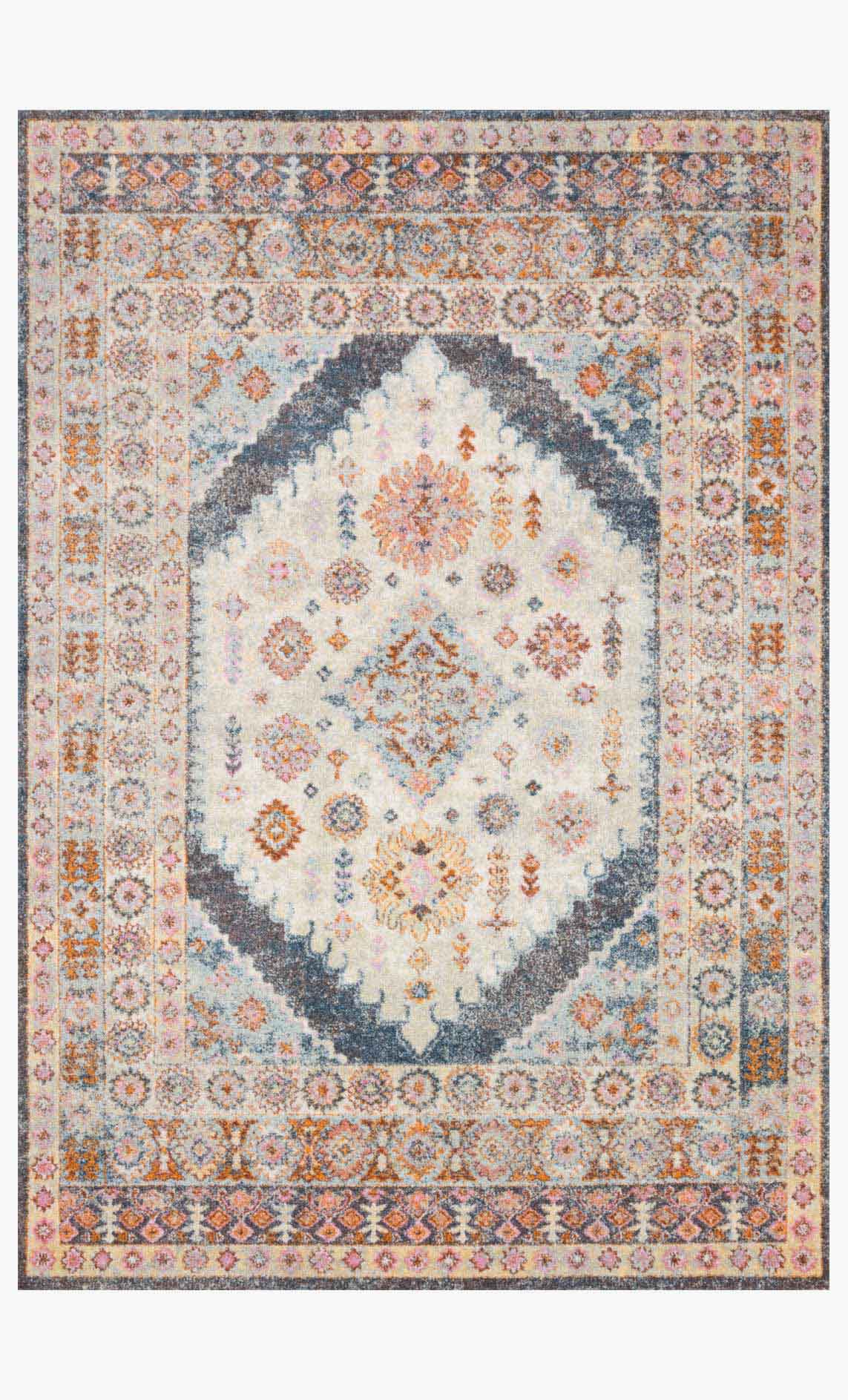 Transitional power-loomed area rug with medallion and border, cream, blue, orange