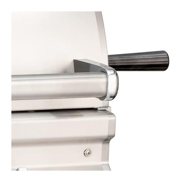 Close-up of stainless grill end with rounded flue outlet and mounting hardware