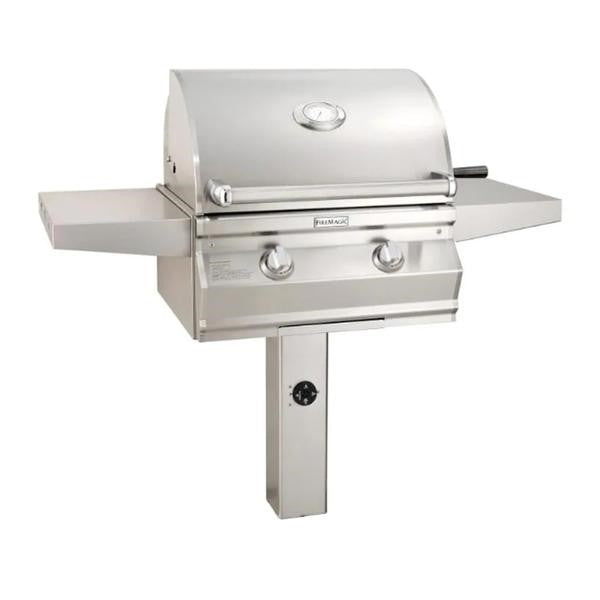 Stainless steel in-ground post grill with lid, side shelf, and front control knobs