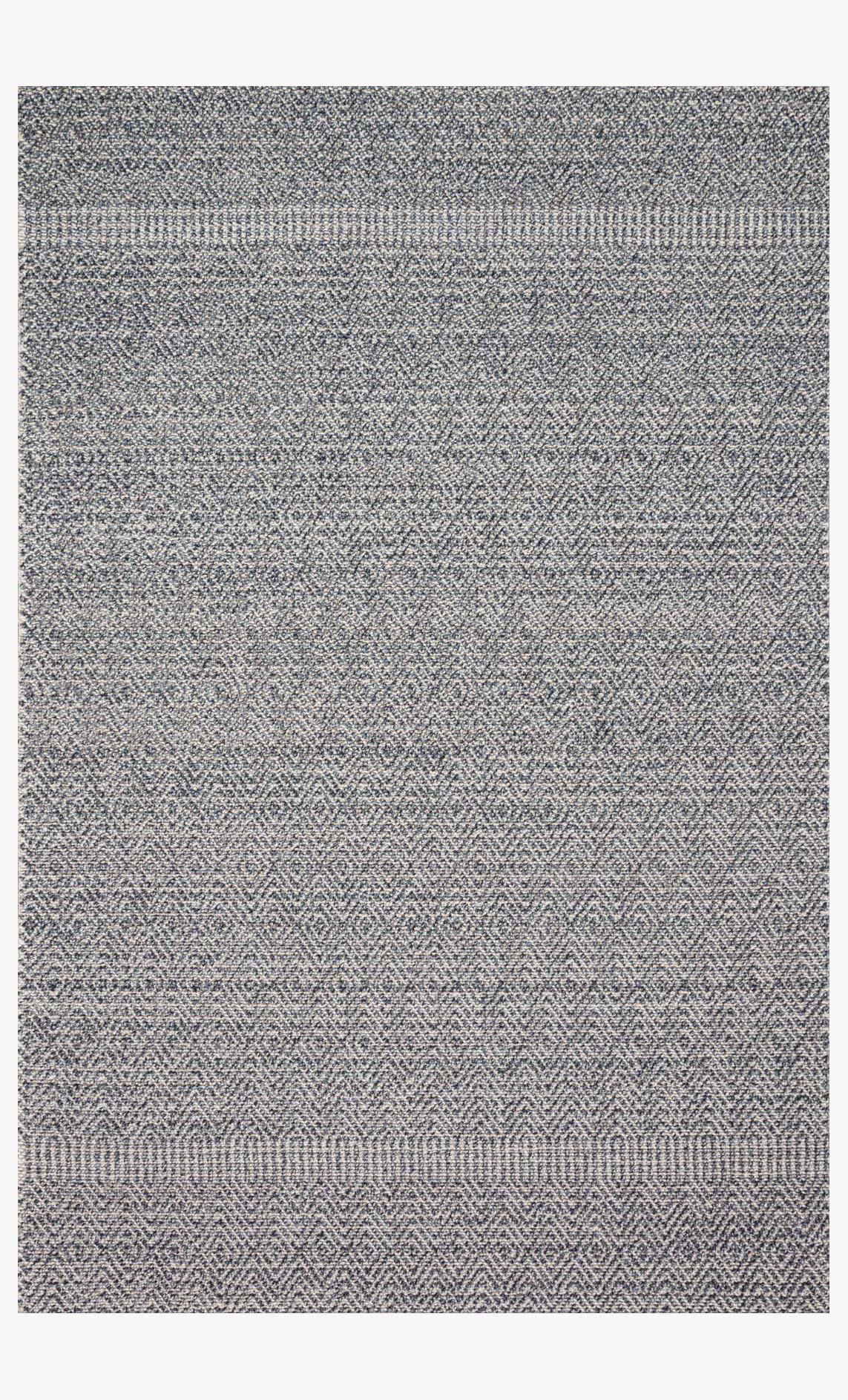 Indoor/outdoor power-loomed rug with blue and grey woven pattern, flat square view