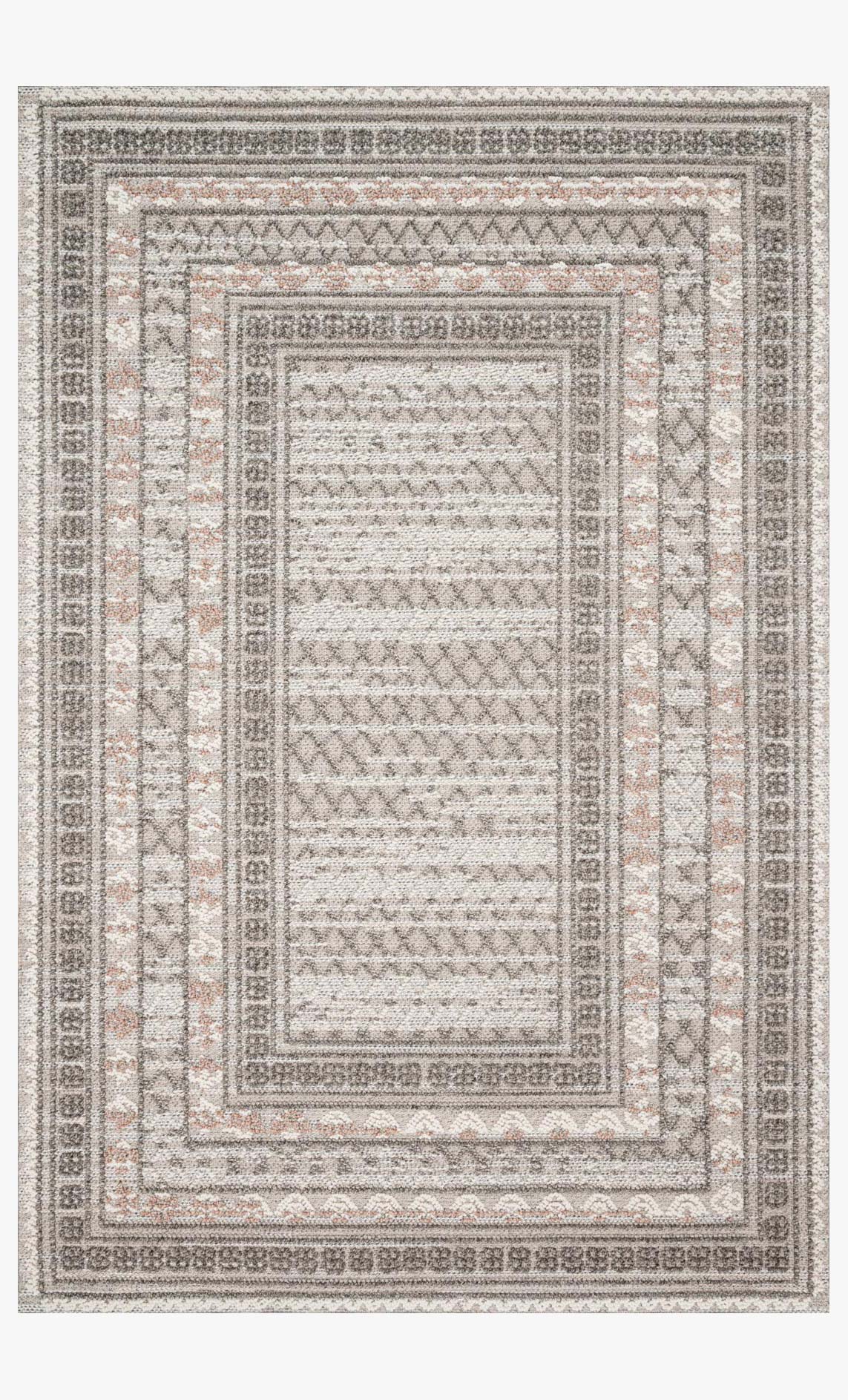 Grey and beige indoor outdoor power loomed rug with ornate border and center medallion