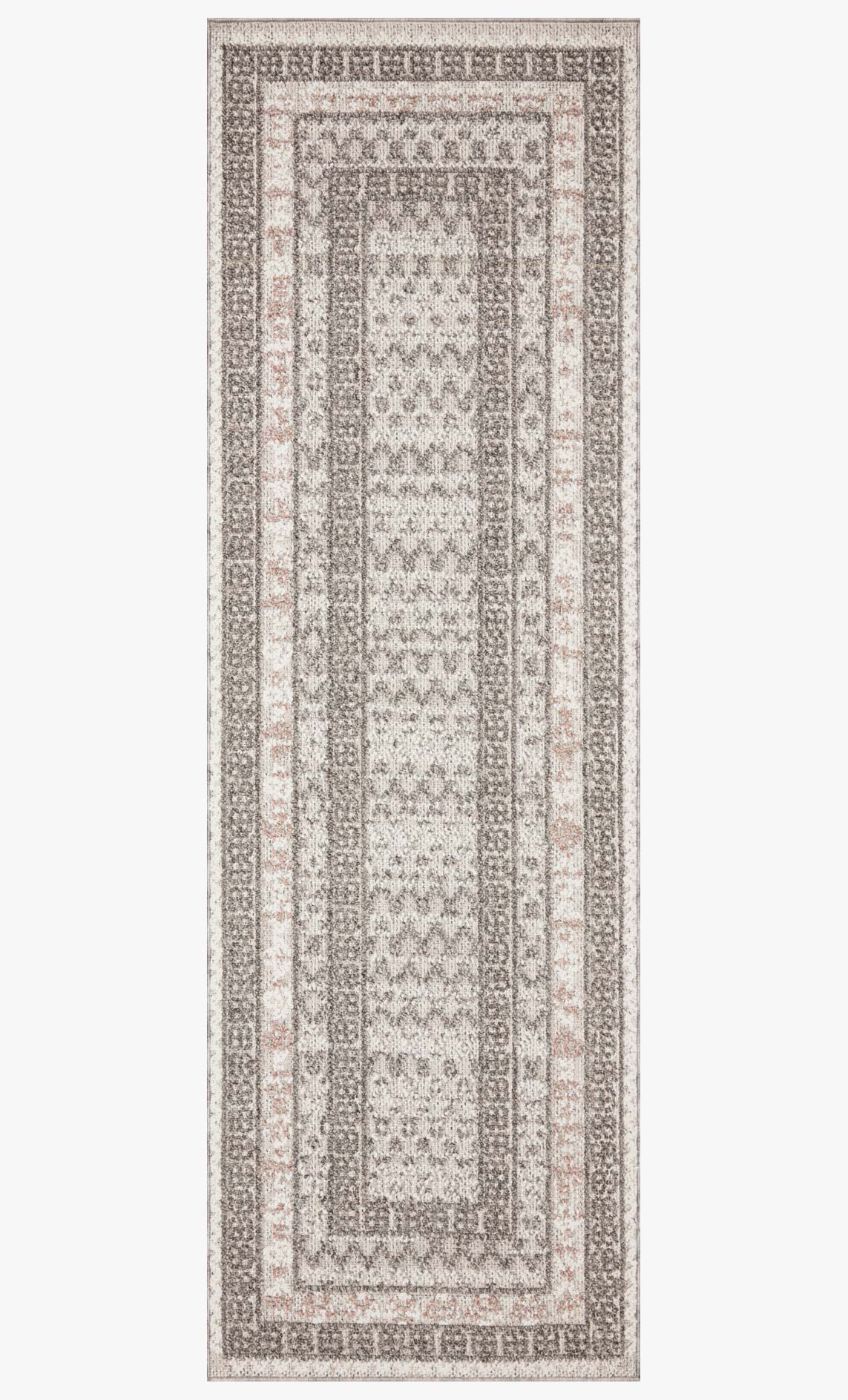 Vertical view of grey and beige power loomed rug with repeating medallion stripe
