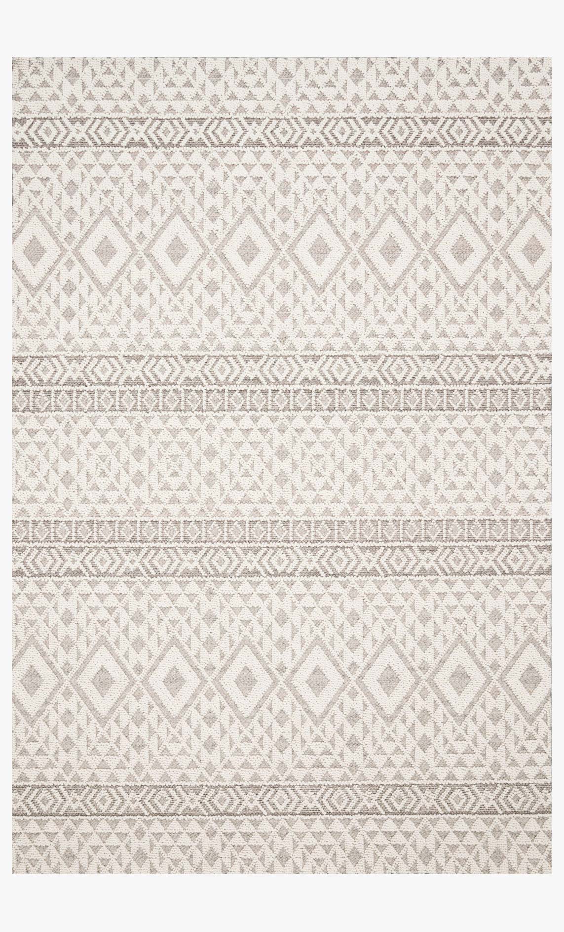 Silver and ivory indoor/outdoor rug with diamond and border geometric pattern