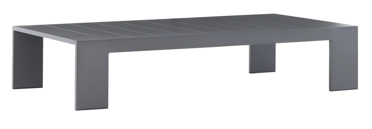 Outdoor coffee table with dark gray rectangular frame and flat tabletop