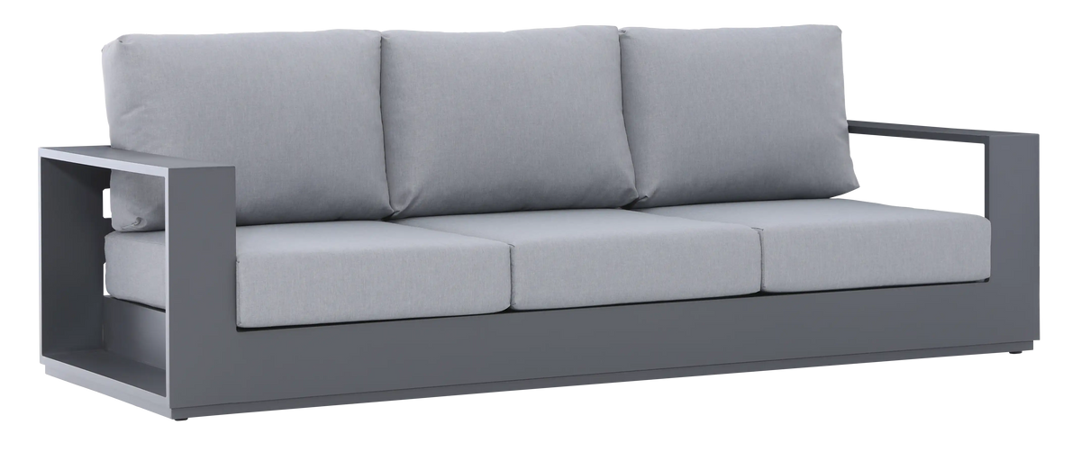 Outdoor loveseat sofa with gray cushions and dark gray arm frame, back pillows included