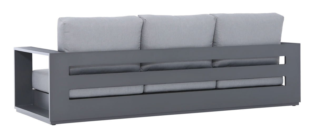 Outdoor sofa chair with gray seat cushions, dark gray frame, and matching back cushions