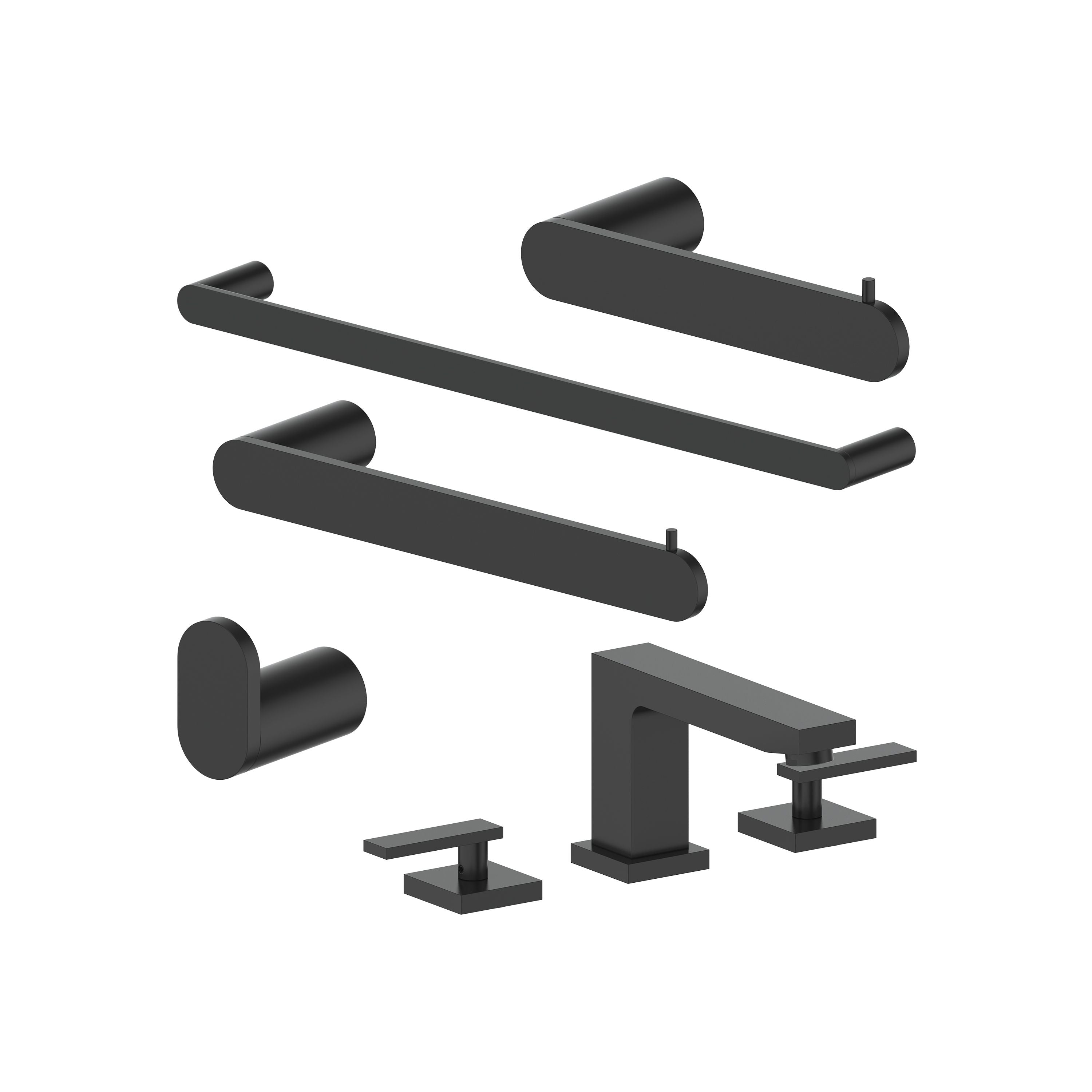 Matte black bathroom accessory set with towel bars, hook, and faucet handles
