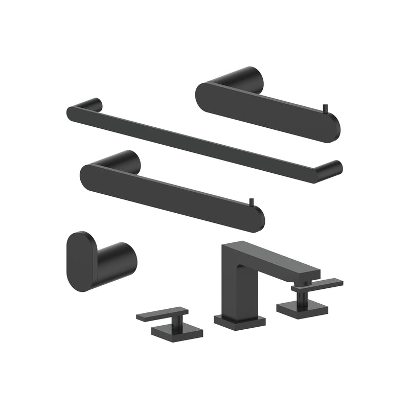 ZLINE Crystal Bay Bathroom Package with Faucet, Towel Rail, Hook, Ring and Toilet Paper Holder in Matte Black (5BP-CBYACCF-MB)