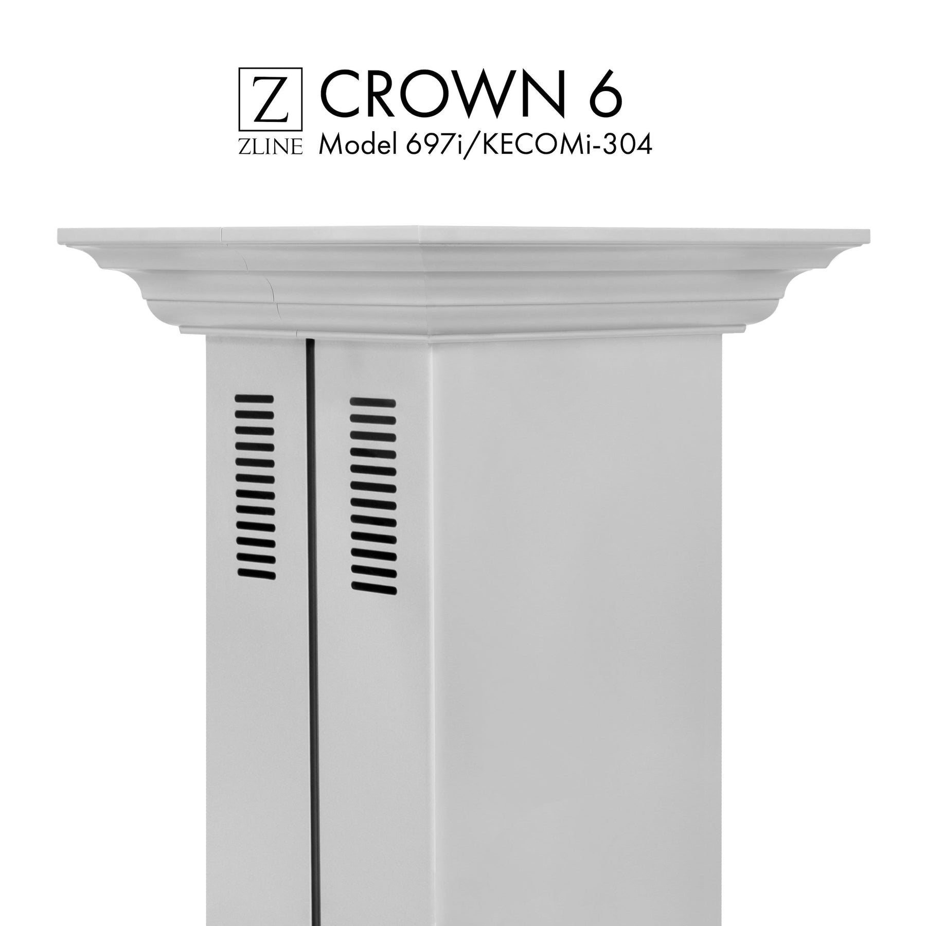 White crown molding trim for island hood, ZLINE 697i/KECOMi-304, close-up