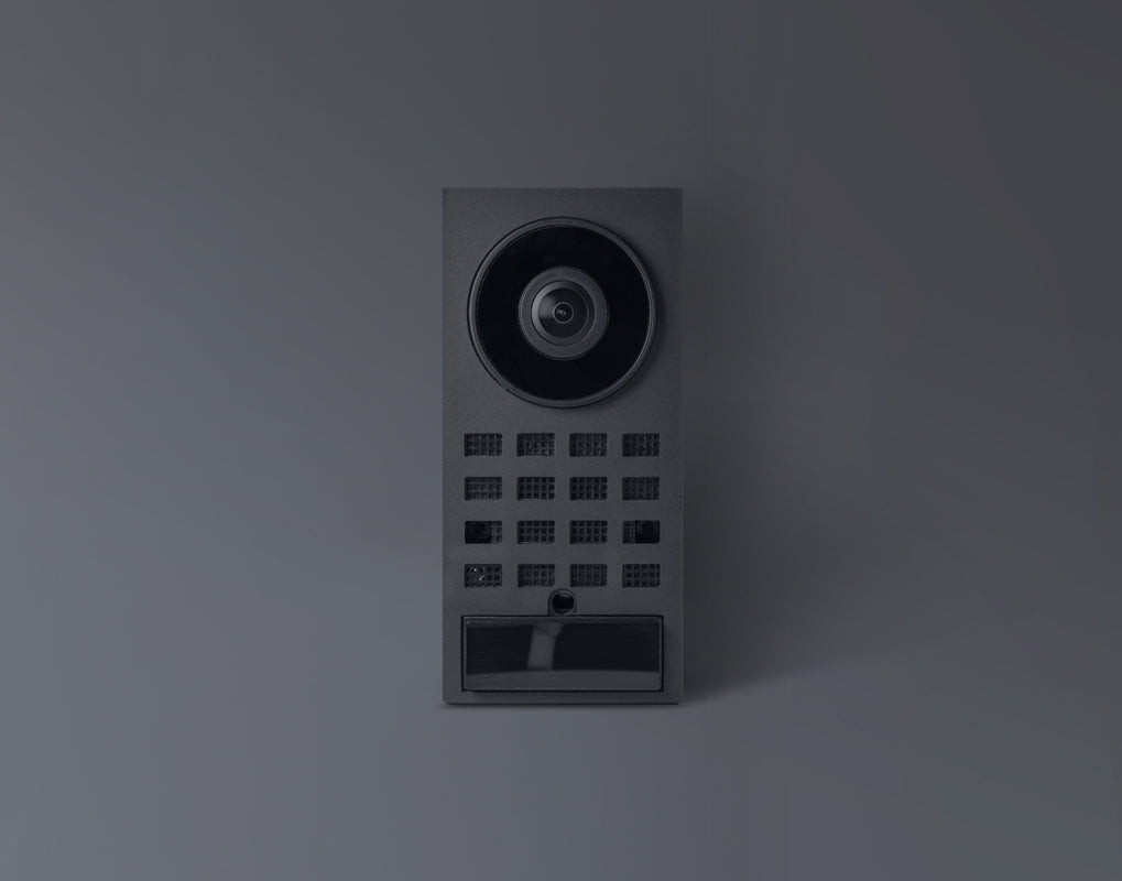 DoorBird D1100E IP video door station with camera lens, speaker grille, and display