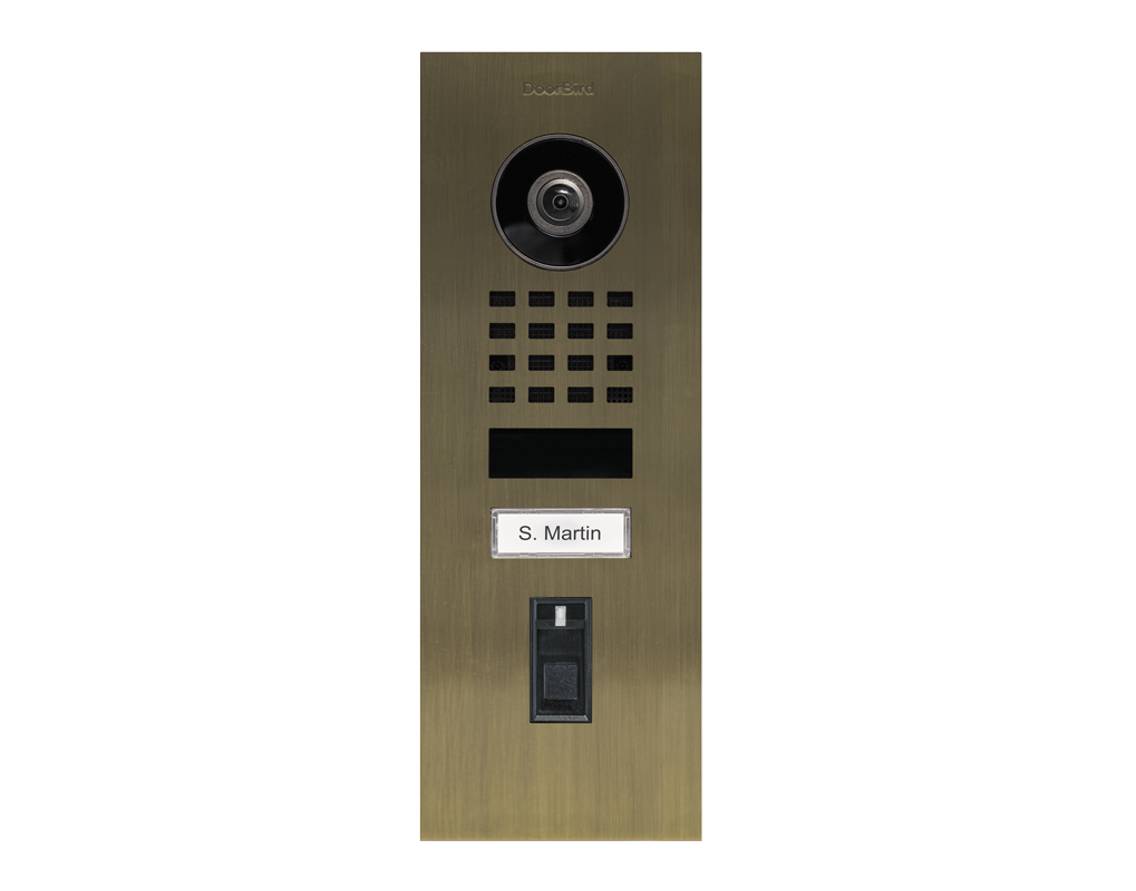 Brass flush-mount video door station front with camera lens, keypad, and call button