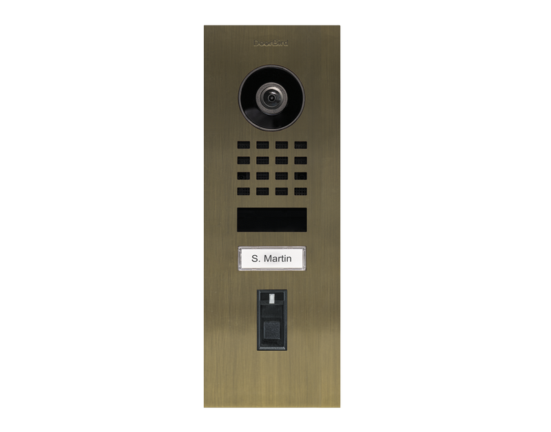 DoorBird D1101FV Fingerprint 50 Flush-Mount IP Video Door Station, 1 Call Button in Real Burnished Brass