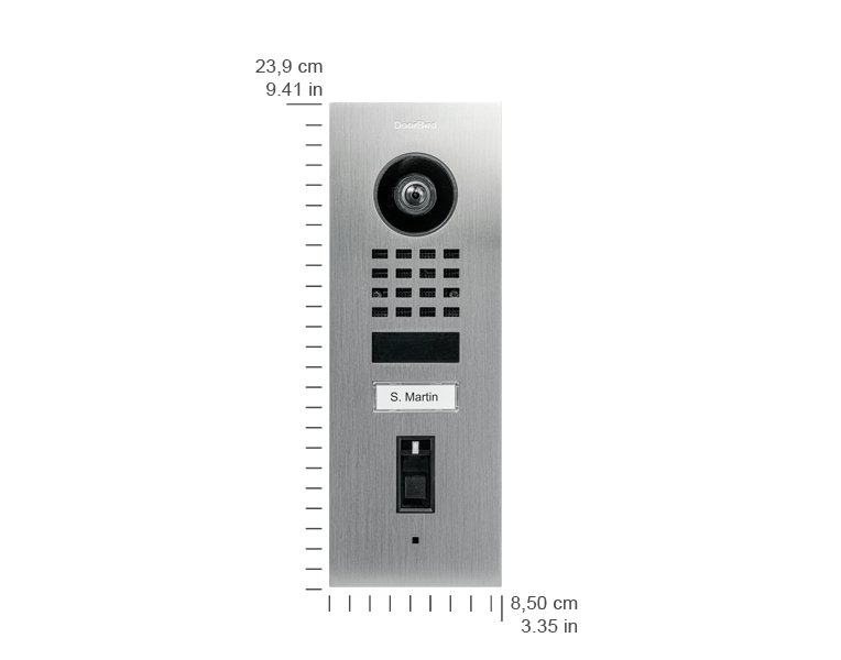 DoorBird stainless steel flush-mount IP video door station, side view with camera and keypad