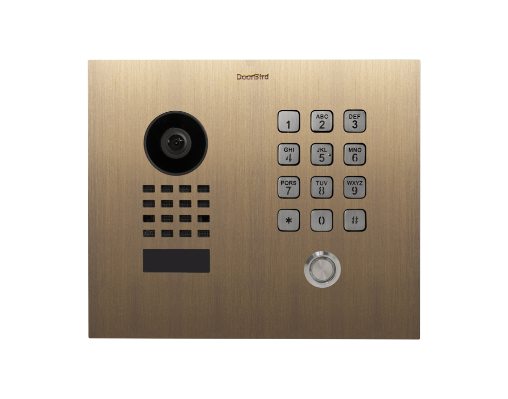 Burnished brass flush-mount entry video door station with camera lens and number keypad