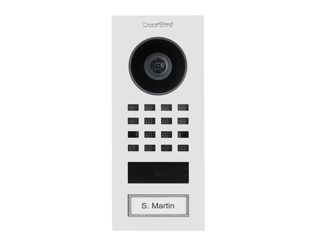 DoorBird surface-mount video intercom front with camera, keypad blocks, S. Martin nameplate