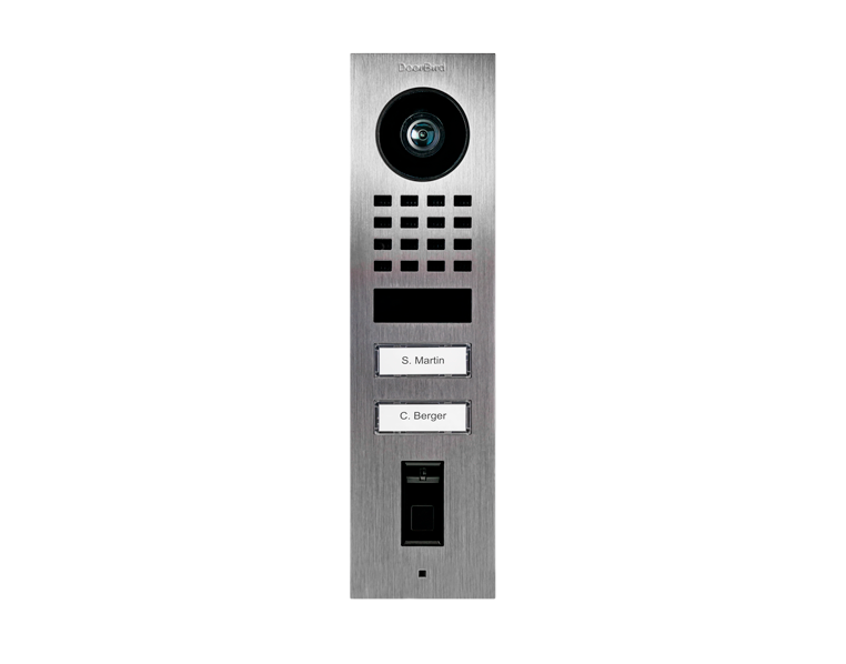 Stainless steel door video intercom with camera, keypad grid, and two call buttons