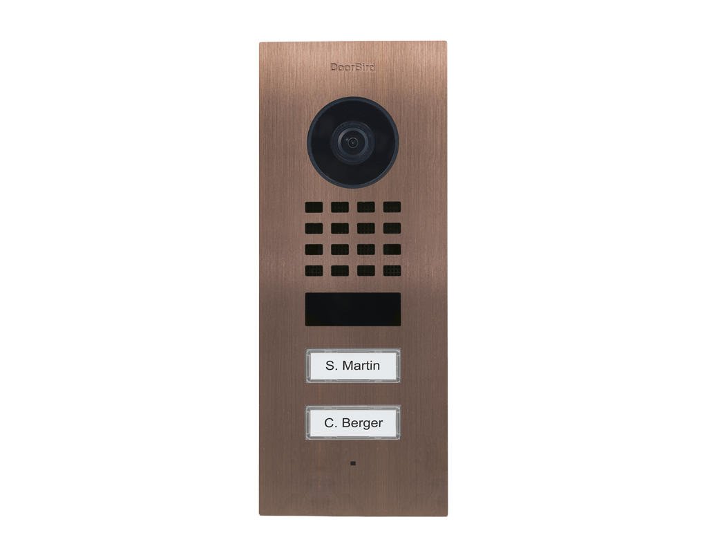 Bronze door intercom with camera, dot keypad, and two nameplate call buttons