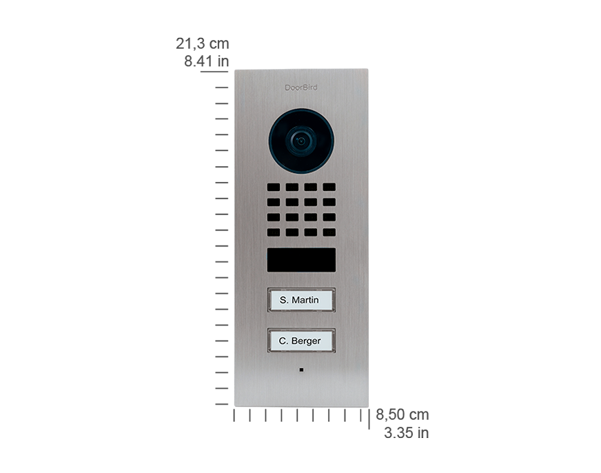 DoorBird stainless steel video door station with camera lens, keypad, and two name labels