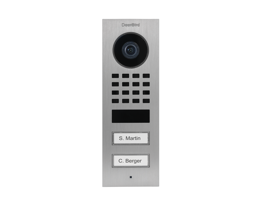 DoorBird D1102V IP video door station, stainless steel front with camera, speaker grid, 2 labels