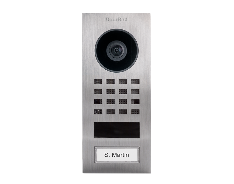 DoorBird stainless steel video intercom panel with camera, keypad, and S. Martin name label