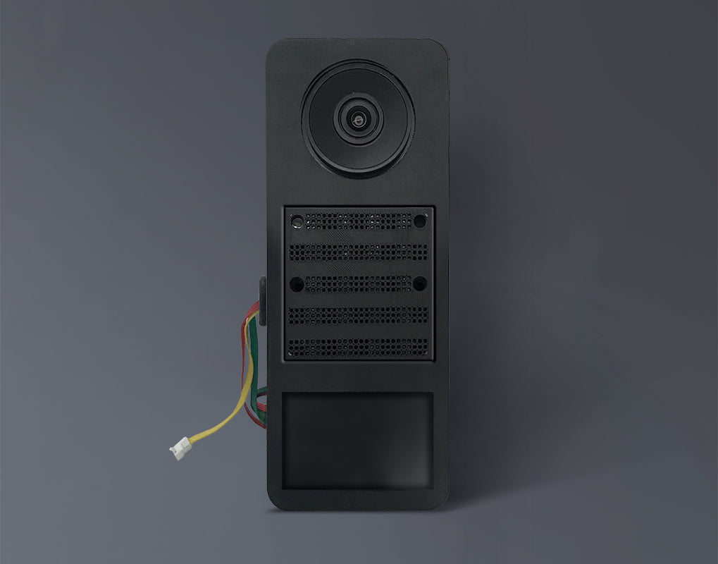 DoorBird D2100E IP video door station, black front with camera, speaker grille, and display