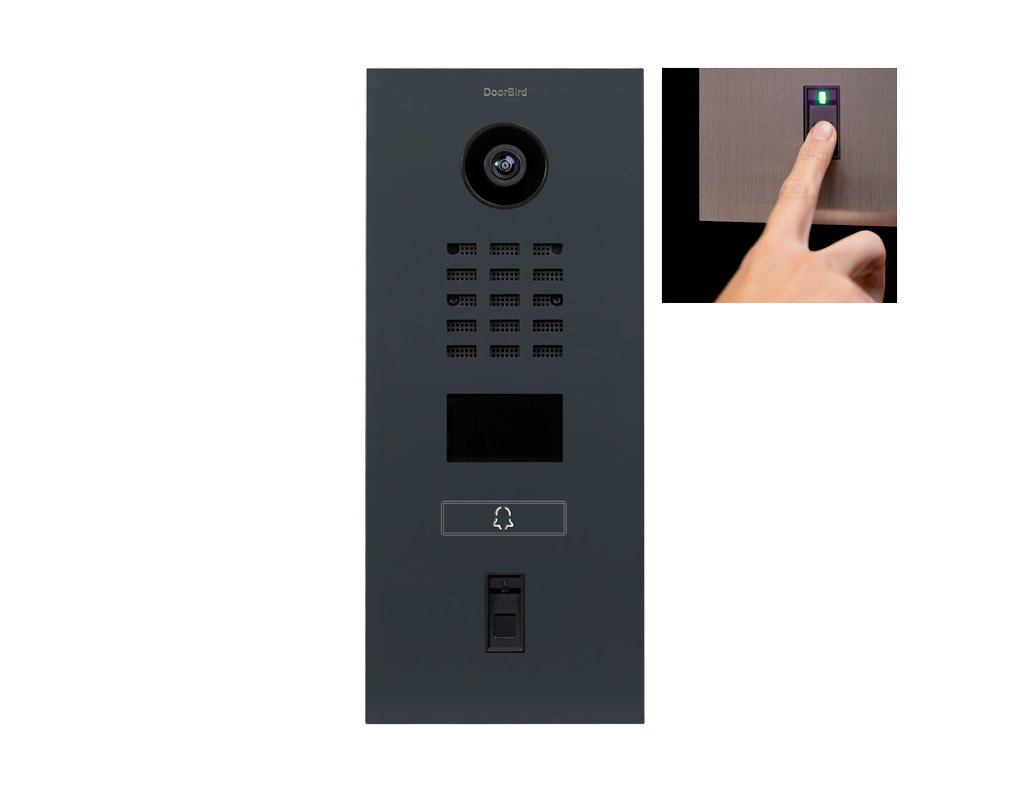 Anthracite grey DoorBird door station front view with camera, keypad, display, and call button