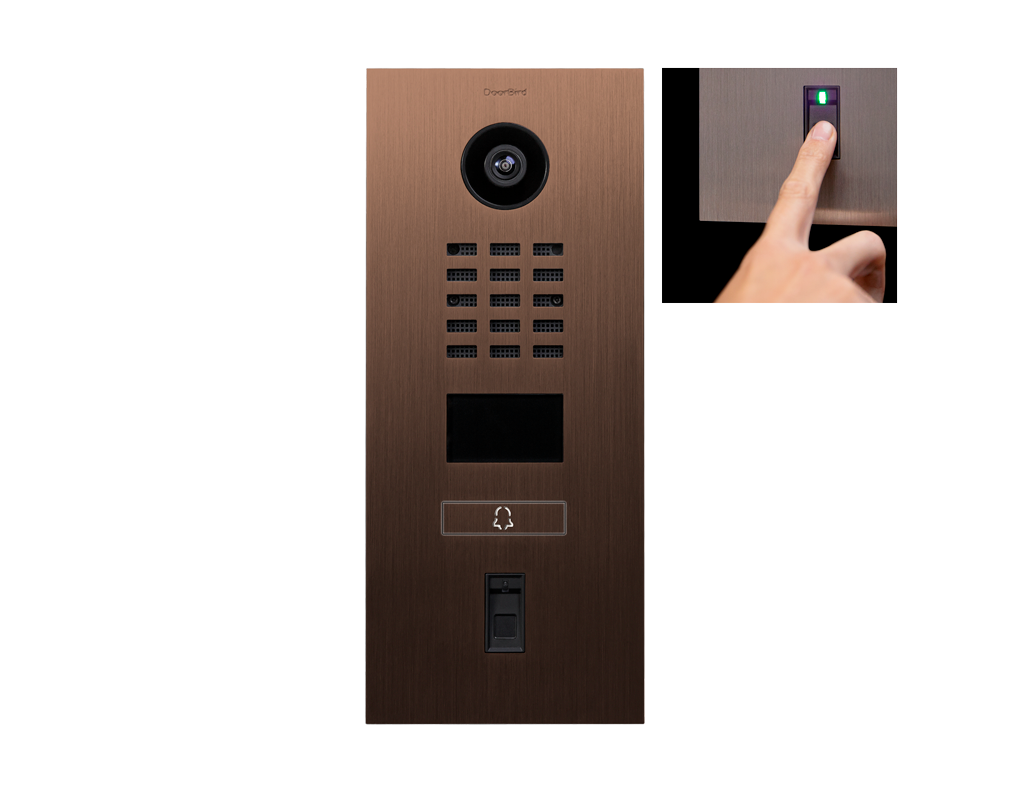 Bronze video door station with camera, keypad, touchscreen, and fingerprint access panel