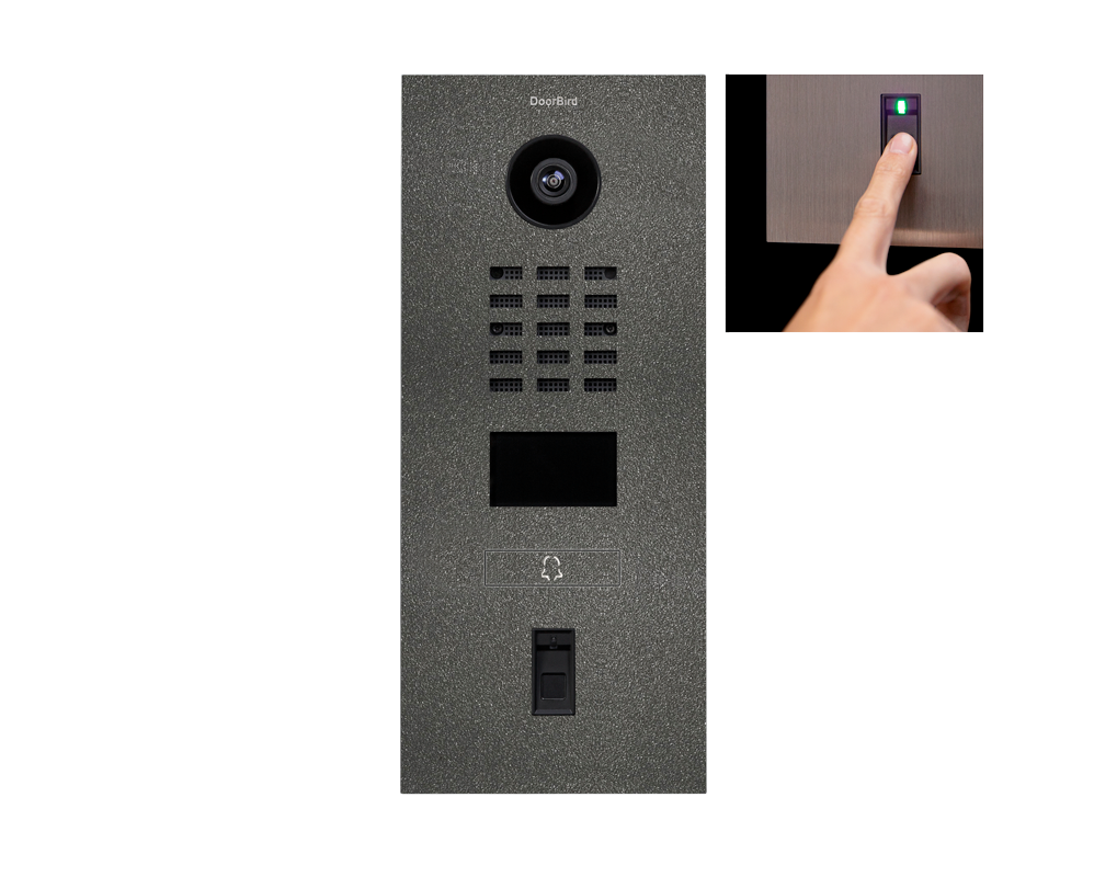 Stainless steel DoorBird video door station with lit fingerprint reader, camera and keypad
