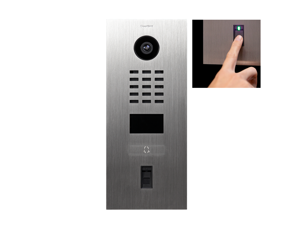 Stainless steel video door station with call keypad, screen, and fingerprint access area