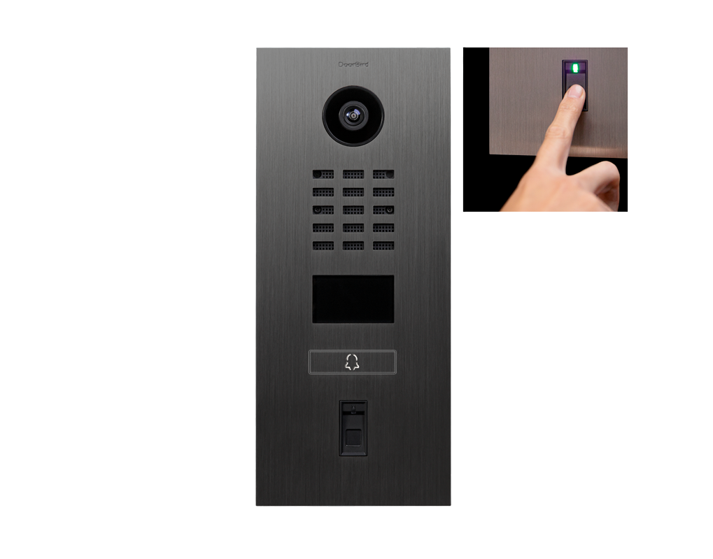 Brushed titanium video door station with camera, keypad, and finger at call button
