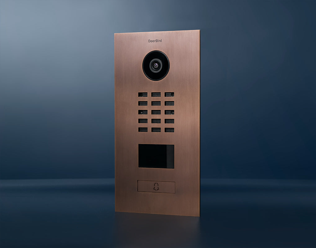 Bronze DoorBird IP video door station with camera lens, multi-button keypad, and display