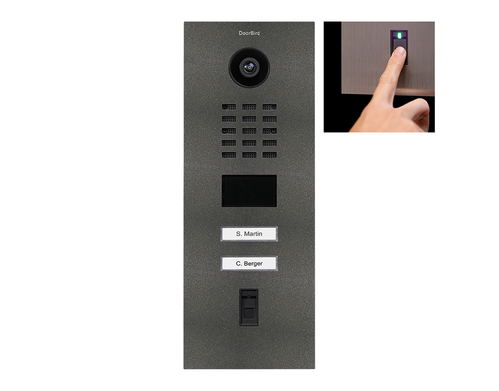 Stainless steel IP video door station front with camera, keypad grid, and fingerprint reader