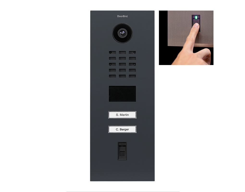 Fingerprint video door station with camera, call buttons, and name labels, anthracite grey