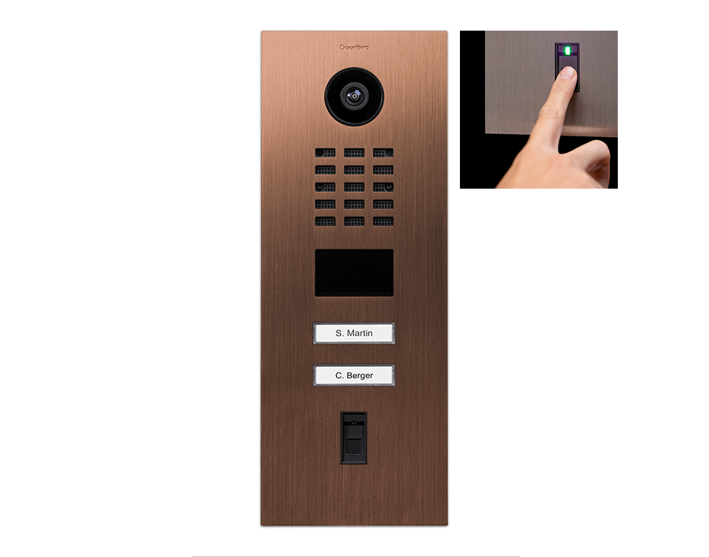 DoorBird D2102FV bronze video door station with camera, display, and name call buttons