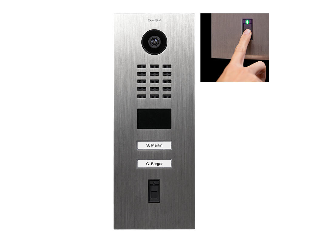 Stainless steel video door station front with camera, call buttons, and finger on reader