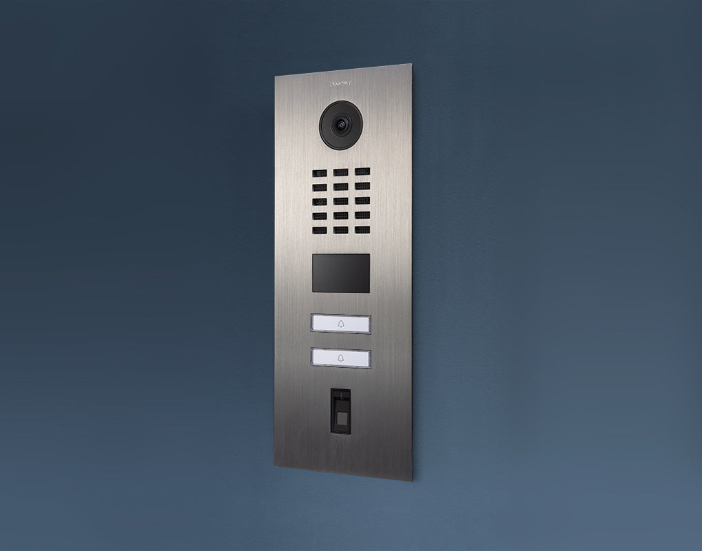 Stainless steel video door station with camera, call button array, and fingerprint reader