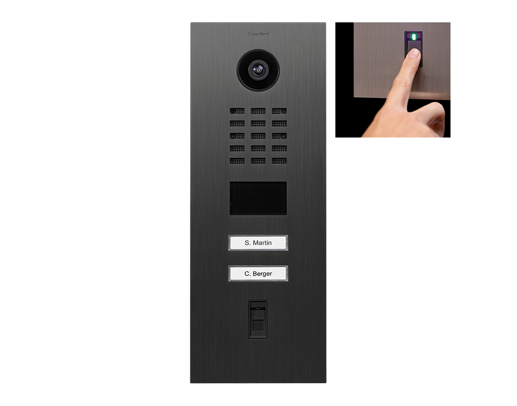 DoorBird D2102FV titanium IP video door station showing fingerprint reader with green light