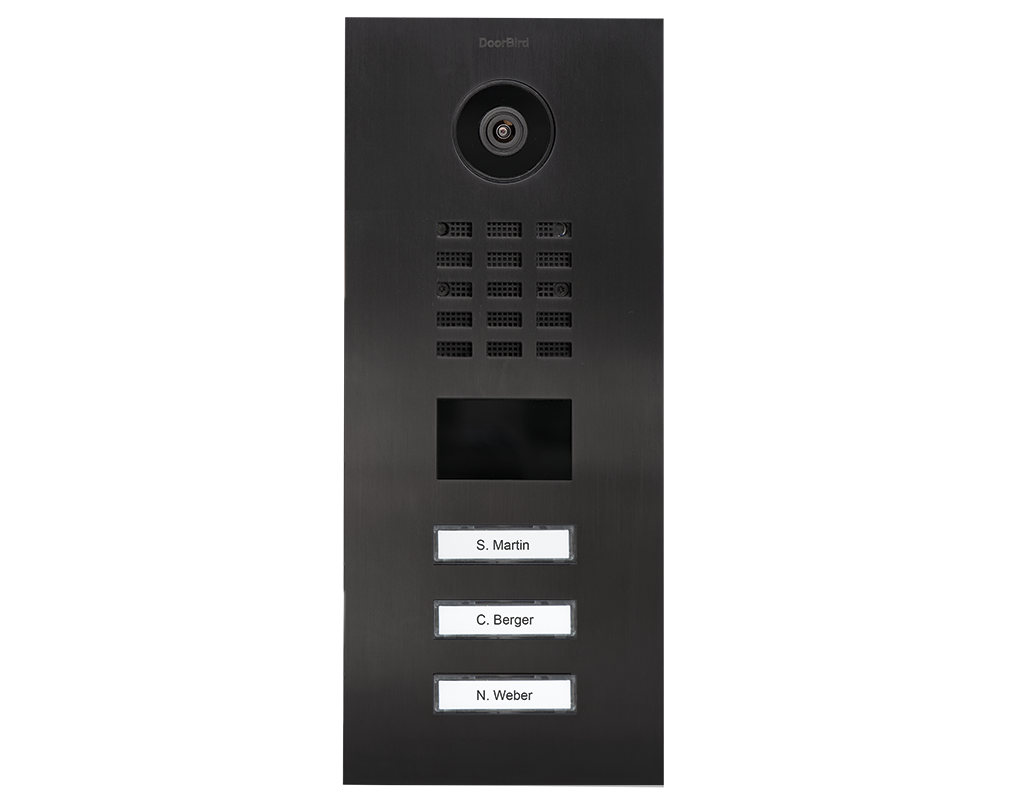 DoorBird video door station with camera and three nameplate call buttons