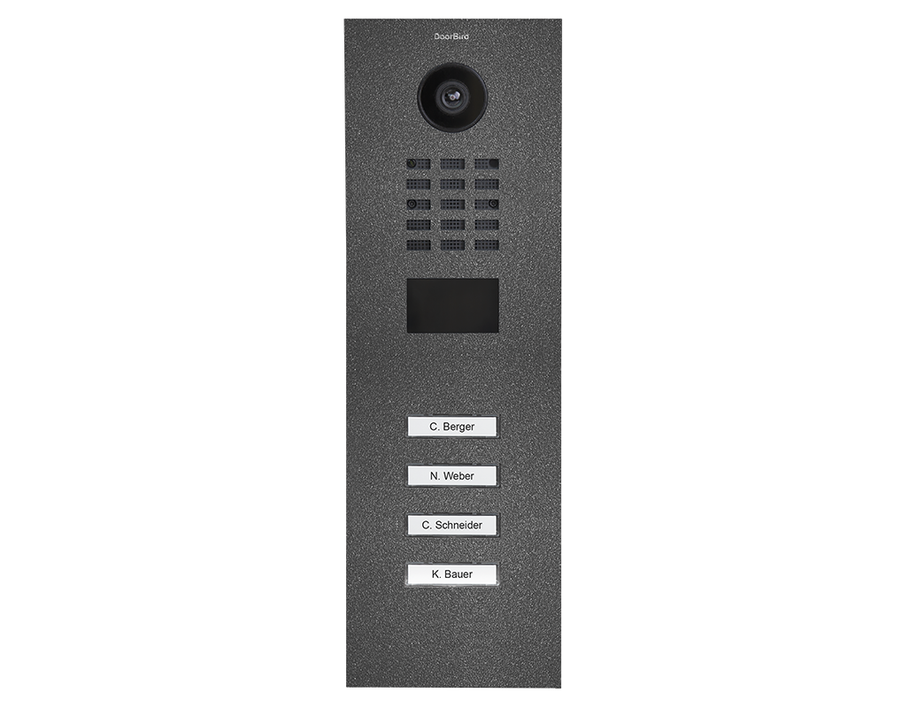 Stainless steel video door station front panel with camera and four name call button labels