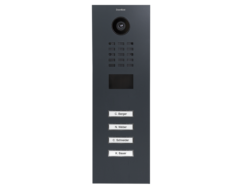 DoorBird D2104V video door station front view, anthracite grey, with 4 call buttons.