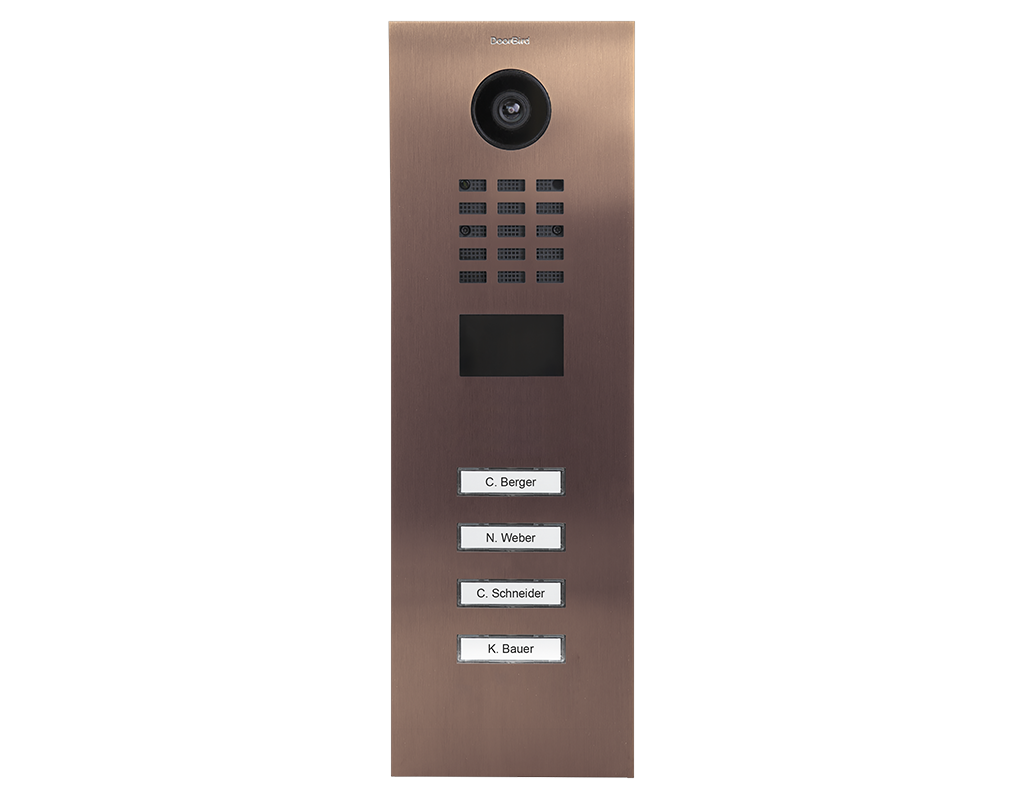 Bronze IP video door station panel with camera and 4 labeled call buttons, speaker grille