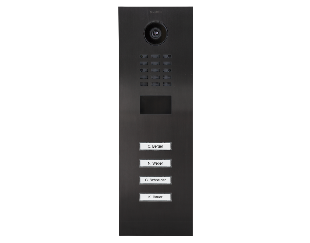 DoorBird titanium video door intercom with camera, four call buttons, and four name tags