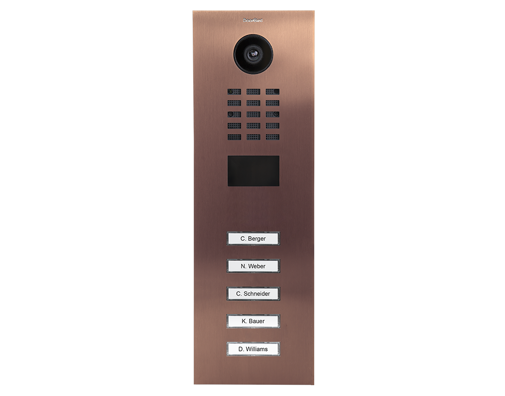 Bronze video door intercom panel with camera, keypad grid, and 5 call buttons