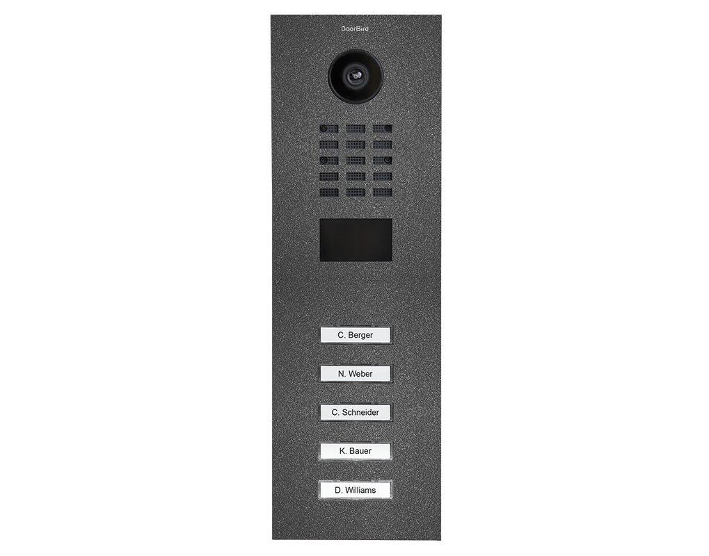 Stainless steel IP video door station front with camera and five labeled call buttons