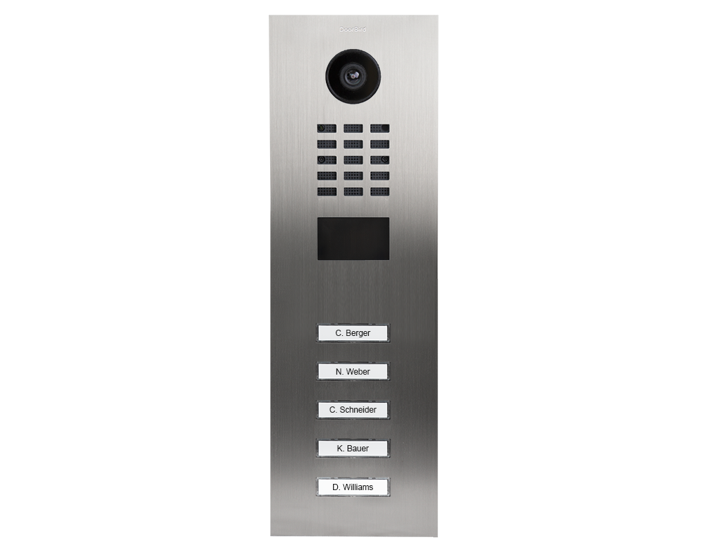 Stainless steel IP video door station with camera, black display, and five labeled call buttons